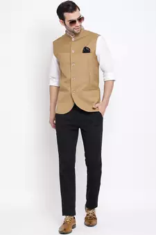 Beige Cotton Silk Nehru Jacket