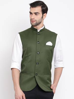 Green Cotton Silk Nehru Jacket 1
