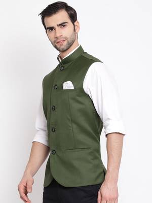 Green Cotton Silk Nehru Jacket 2