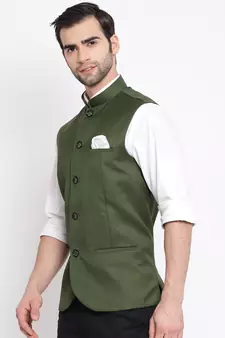 Green Cotton Silk Nehru Jacket