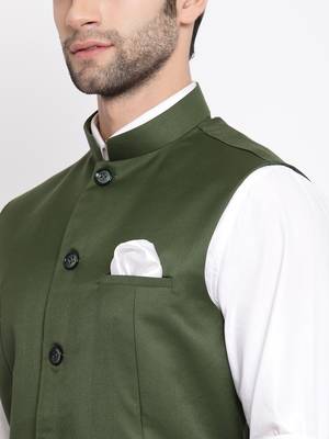 Green Cotton Silk Nehru Jacket 3