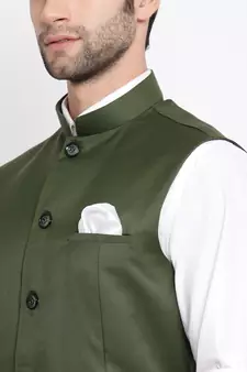 Green Cotton Silk Nehru Jacket