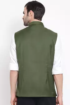 Green Cotton Silk Nehru Jacket