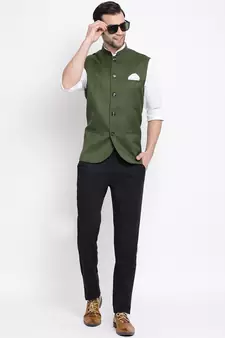 Green Cotton Silk Nehru Jacket