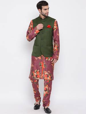 Men'S Purple Silk Blend Jacket, Kurta And Pyjama Set 1