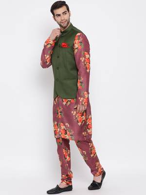 Men'S Purple Silk Blend Jacket, Kurta And Pyjama Set 2