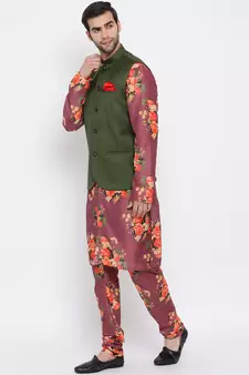 Men'S Purple Silk Blend Jacket, Kurta And Pyjama Set