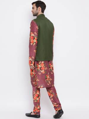 Men'S Purple Silk Blend Jacket, Kurta And Pyjama Set 4