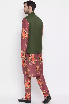 Men'S Purple Silk Blend Jacket, Kurta And Pyjama Set