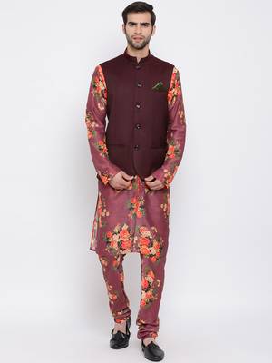 Men'S Purple Silk Blend Jacket, Kurta And Pyjama Set 1