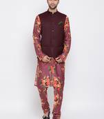 Men'S Purple Silk Blend Jacket, Kurta And Pyjama Set