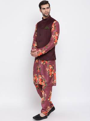 Men'S Purple Silk Blend Jacket, Kurta And Pyjama Set 2