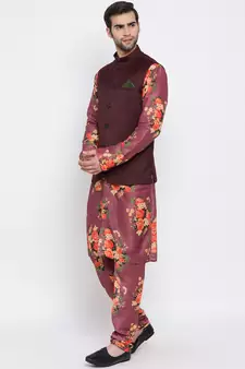 Men'S Purple Silk Blend Jacket, Kurta And Pyjama Set