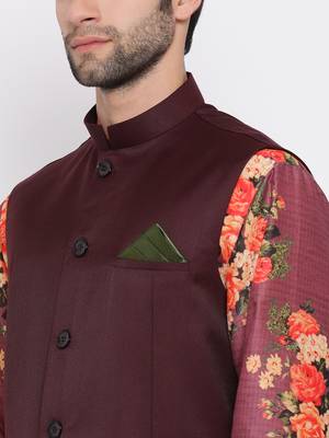 Men'S Purple Silk Blend Jacket, Kurta And Pyjama Set 3
