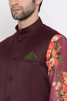 Men'S Purple Silk Blend Jacket, Kurta And Pyjama Set