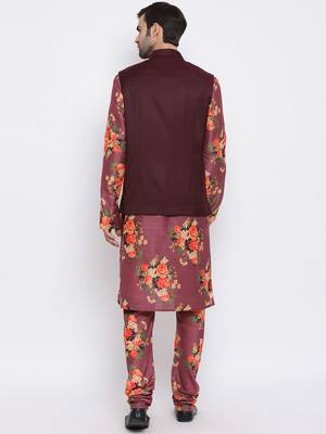 Men'S Purple Silk Blend Jacket, Kurta And Pyjama Set 4