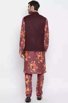 Men'S Purple Silk Blend Jacket, Kurta And Pyjama Set