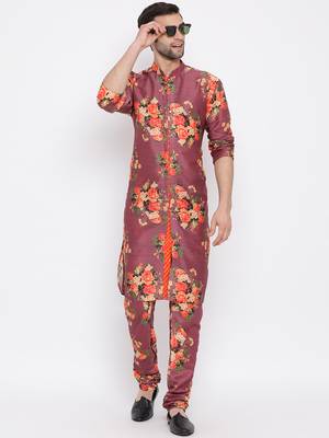 Men'S Purple Silk Blend Jacket, Kurta And Pyjama Set 5