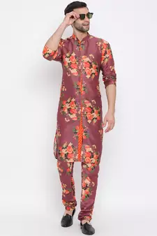 Men'S Purple Silk Blend Jacket, Kurta And Pyjama Set
