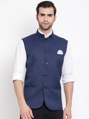 Navy Blue Cotton Silk Nehru Jacket 1