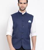 Navy Blue Cotton Silk Nehru Jacket