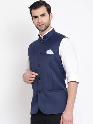 Navy Blue Cotton Silk Nehru Jacket 2