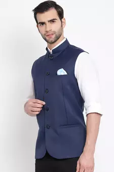 Navy Blue Cotton Silk Nehru Jacket