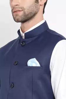 Navy Blue Cotton Silk Nehru Jacket