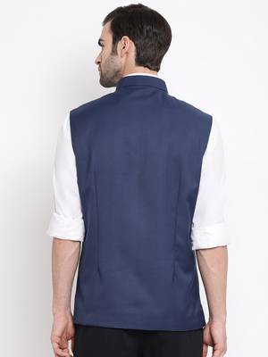 Navy Blue Cotton Silk Nehru Jacket 4