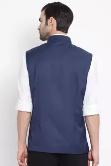 Navy Blue Cotton Silk Nehru Jacket