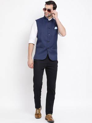 Navy Blue Cotton Silk Nehru Jacket 5