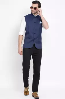 Navy Blue Cotton Silk Nehru Jacket