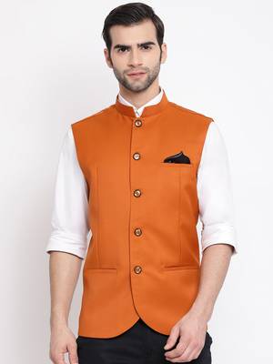 Men'S Orange Cotton Silk Nehru Jacket 1