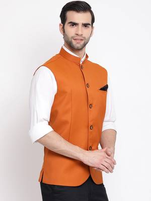 Men'S Orange Cotton Silk Nehru Jacket 2