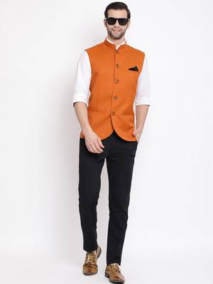 Men'S Orange Cotton Silk Nehru Jacket 5