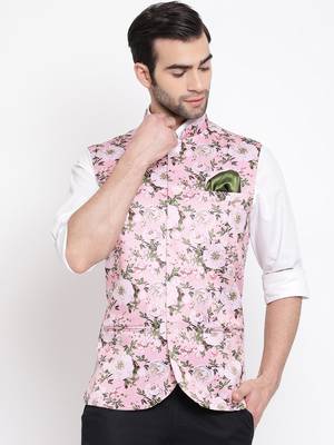 Men'S Pink Silk Blend Nehru Jacket 1