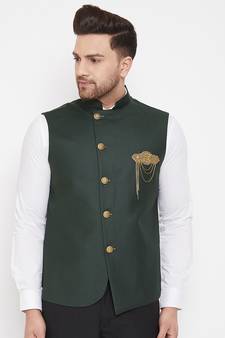 Black plain blended cotton nehru-jacket