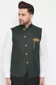 Black plain blended cotton nehru-jacket
