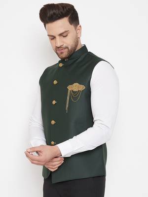 Black plain blended cotton nehru-jacket 2
