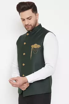 Black plain blended cotton nehru-jacket