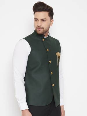 Black plain blended cotton nehru-jacket 4