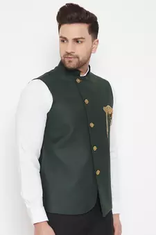 Black plain blended cotton nehru-jacket