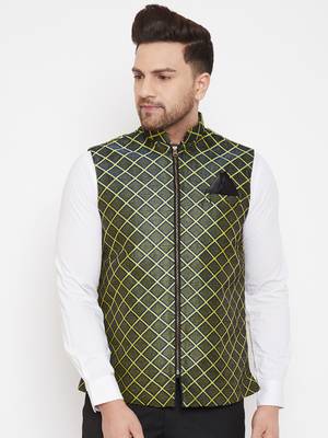 Men'S Green Jute Cotton Nehru Jacket 1
