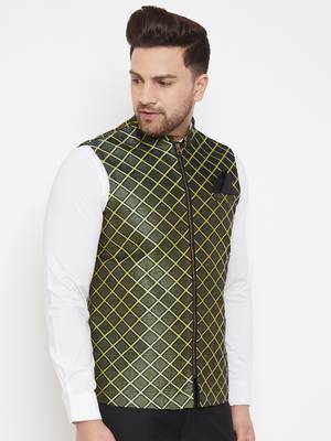 Men'S Green Jute Cotton Nehru Jacket 2