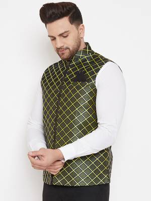 Men'S Green Jute Cotton Nehru Jacket 4