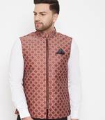 Men'S Red Jute Cotton Nehru Jacket