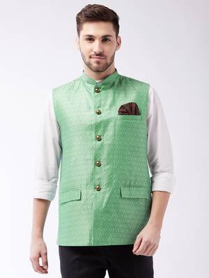 Men'S Green Silk Blend Nehru Jackets 1