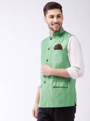 Men'S Green Silk Blend Nehru Jackets 2