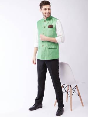 Men'S Green Silk Blend Nehru Jackets 5
