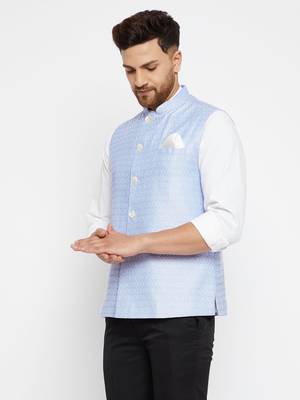 Light Blue Silk Blend Nehru Jackets 2